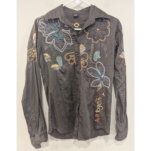 Desigual Long Sleeve Embroidered Cotton Button Down Shirt Small
